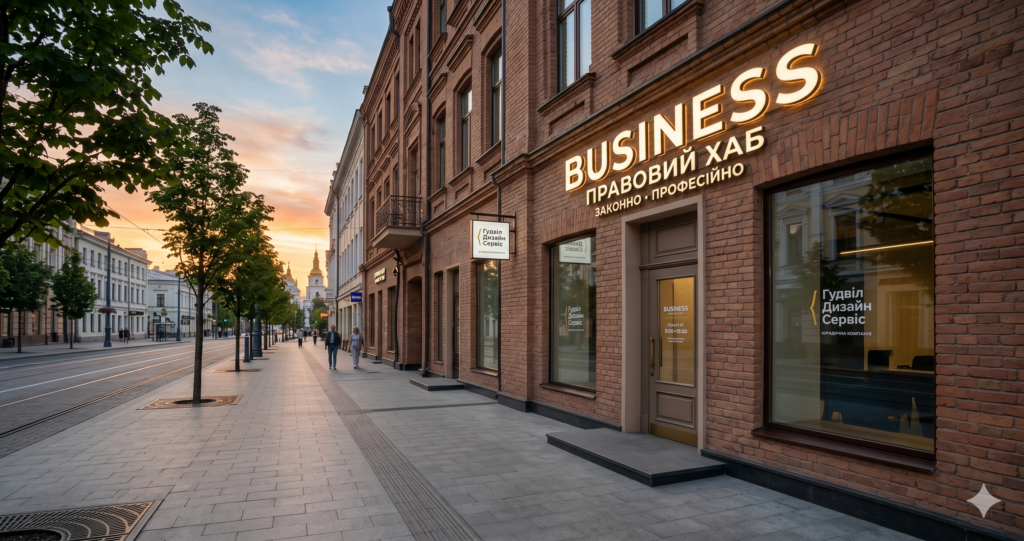 Приклад легальної вивіски на фасаді в Києві 2026 року — робота Гудвіл Дизайн Сервіс
