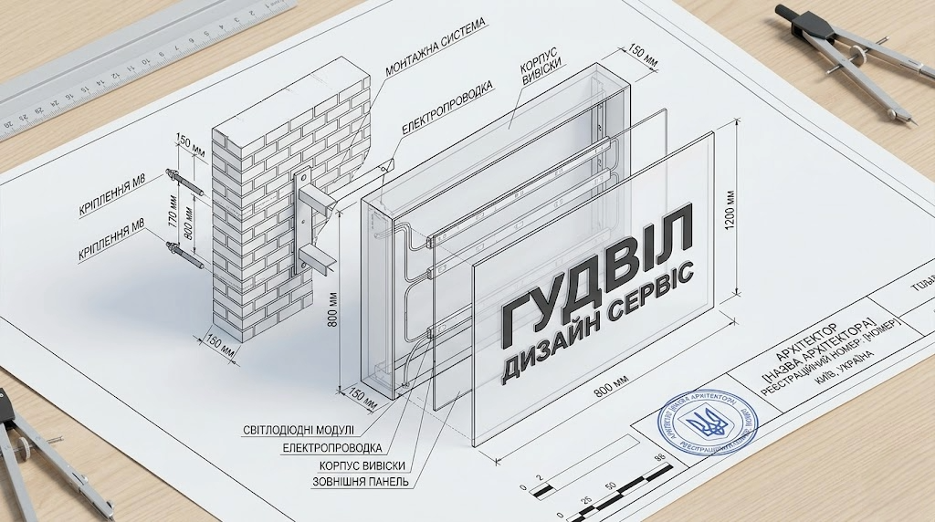 Технічний проект вивіски з печаткою архітектора Гудвіл Дизайн Сервіс
