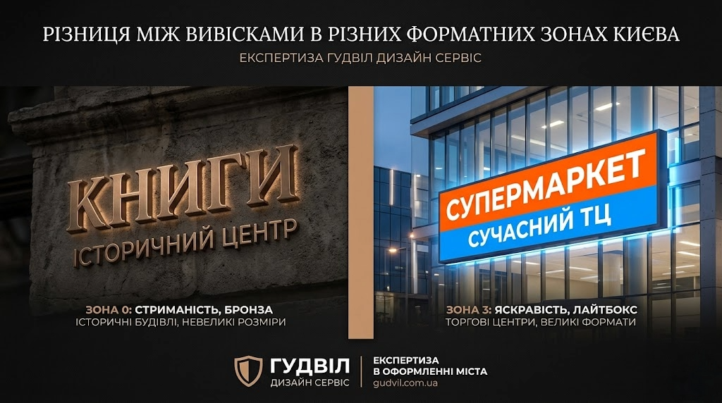  Різниця між вивісками в різних форматних зонах Києва — експертиза Гудвіл Дизайн Сервіс